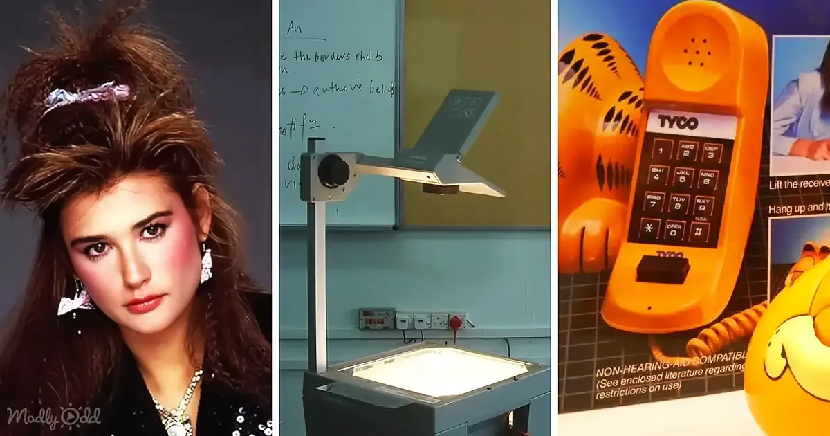 A woman with 80s hair, a vintage overhead projector, and a retro orange phone are featured in this collage.