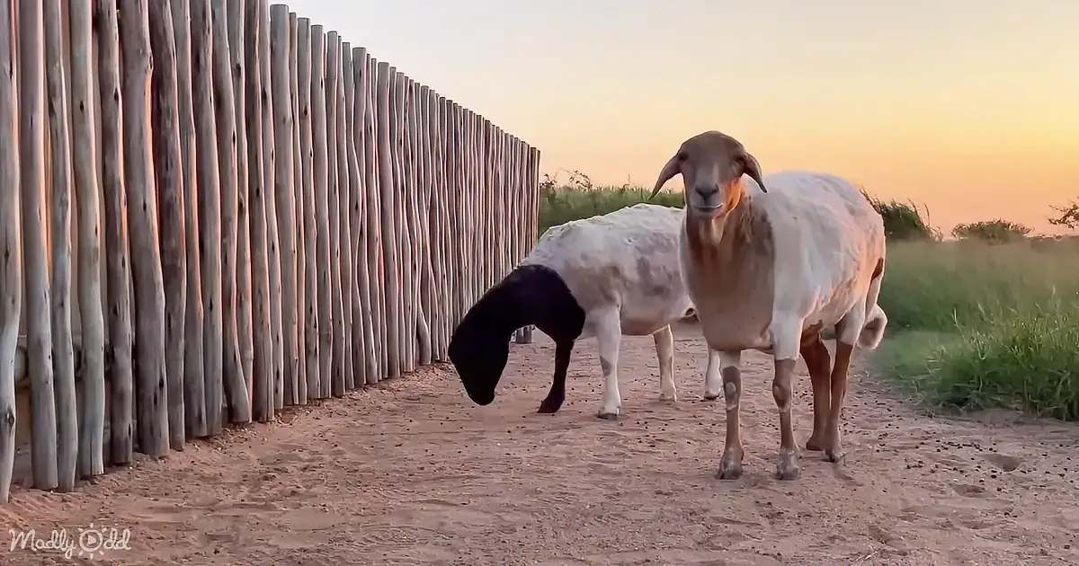 Two sheep stand on a dirt path near a wooden fence, with one grazing and the other looking ahead.