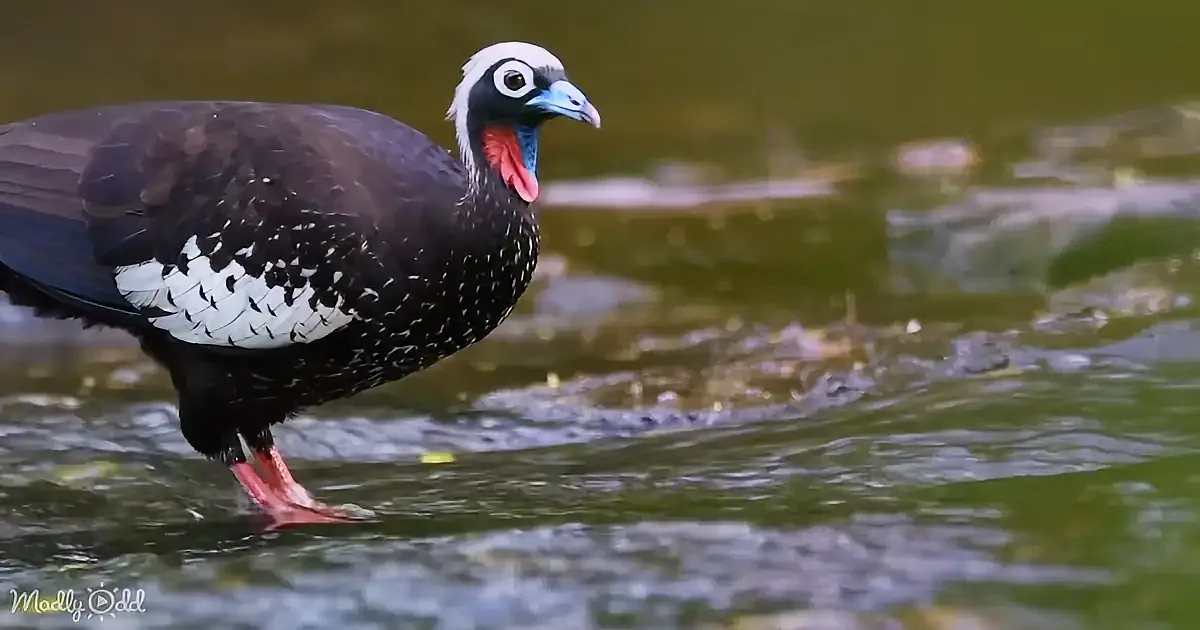A colorful bird with a black body, white head, and red beak stands in shallow water.