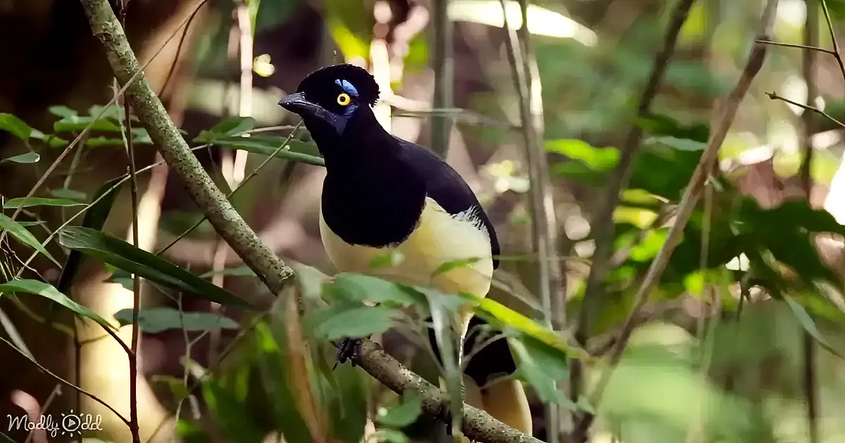 A striking bird with black and white plumage perches on a branch amidst green foliage.