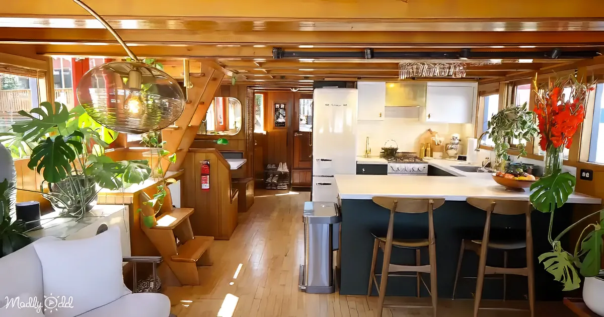 A cozy, well-lit kitchen with wooden accents, a white countertop, and a variety of plants.