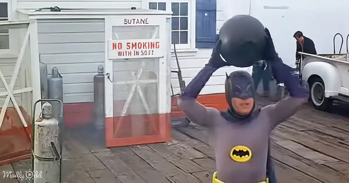 A person in a Batman costume is holding a large black object above their head on a dock.