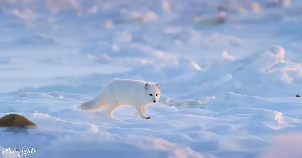 A white Arctic fox with striking yellow eyes stands amidst a snowy landscape, illuminated by soft sunlight.