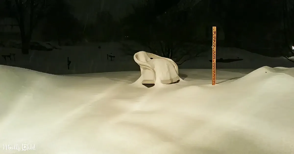 A snow-covered landscape with a small, white, irregularly shaped object and a wooden stick standing upright in the snow.