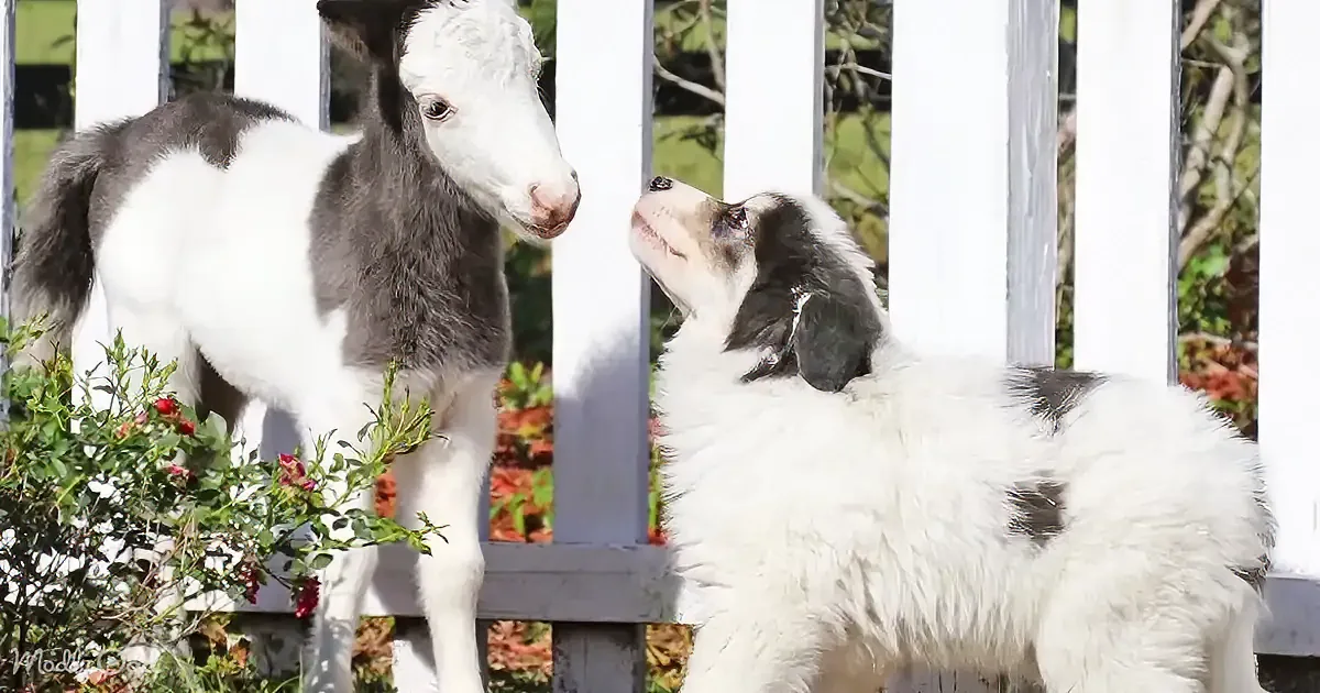 A curious dog and a young calf stand facing each other, separated by a white fence, with greenery and flowers in the...