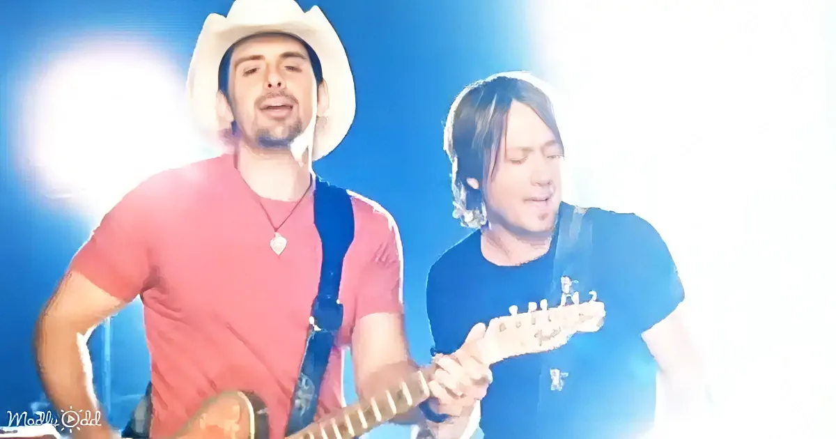 A man in a cowboy hat and pink shirt plays guitar, another in a blue shirt plays behind him.