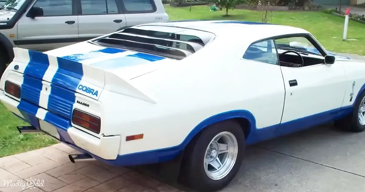 A white classic muscle car with blue stripes and "Cobra" logo is parked on a driveway.