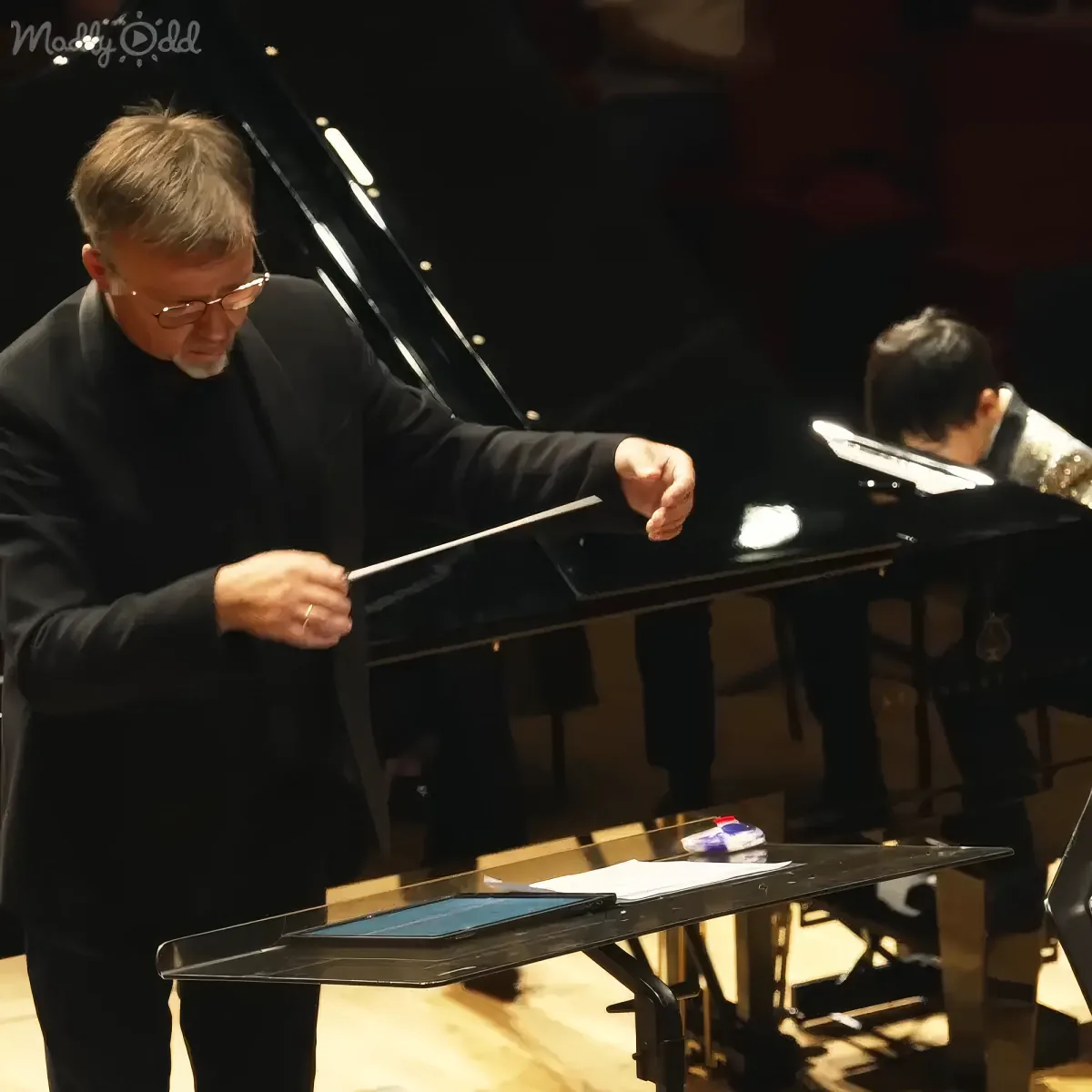 A conductor in a black suit holds a baton, preparing to lead an orchestra.