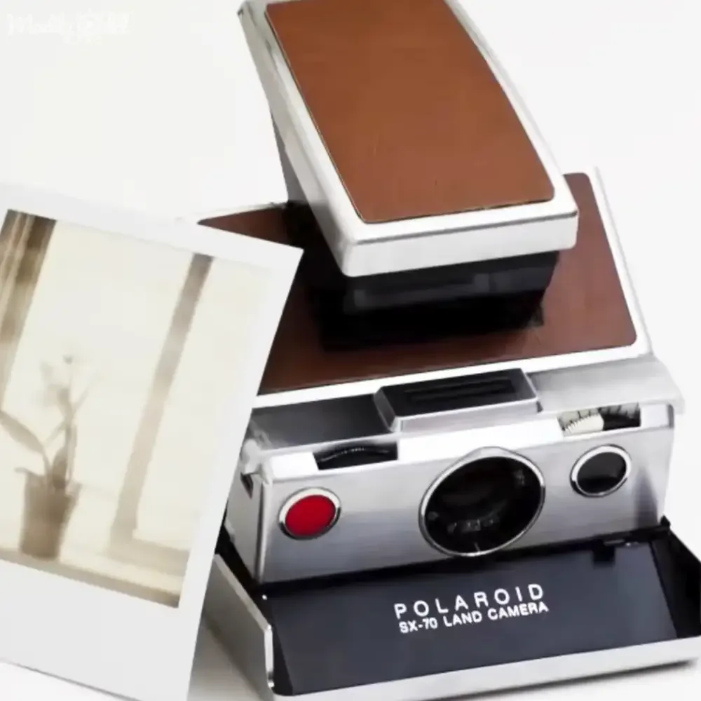A Polaroid SX-70 Land Camera with a brown leather top and a photo of a plant on the side.
