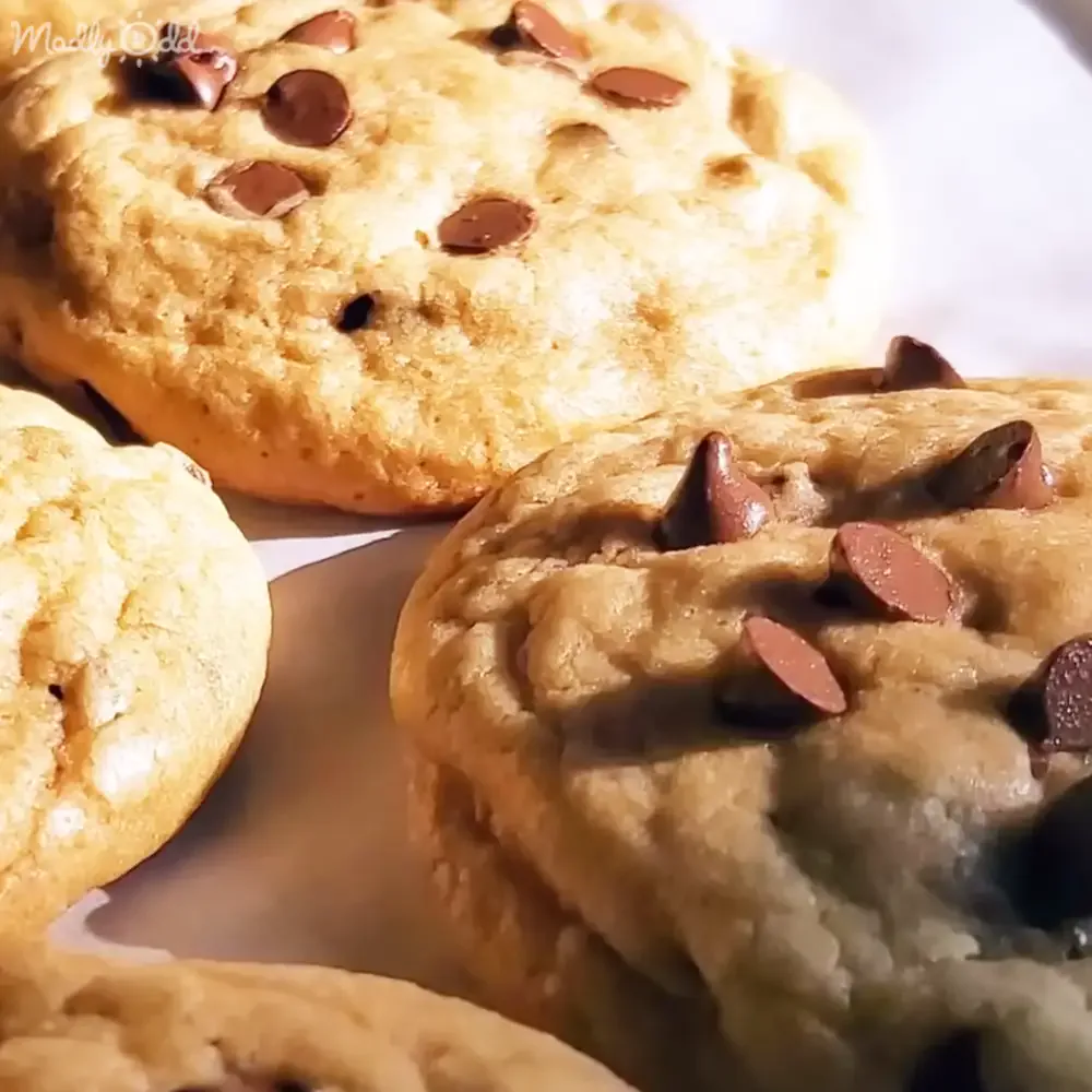 Golden-brown chocolate chip cookies with melted chips, arranged on a white surface.