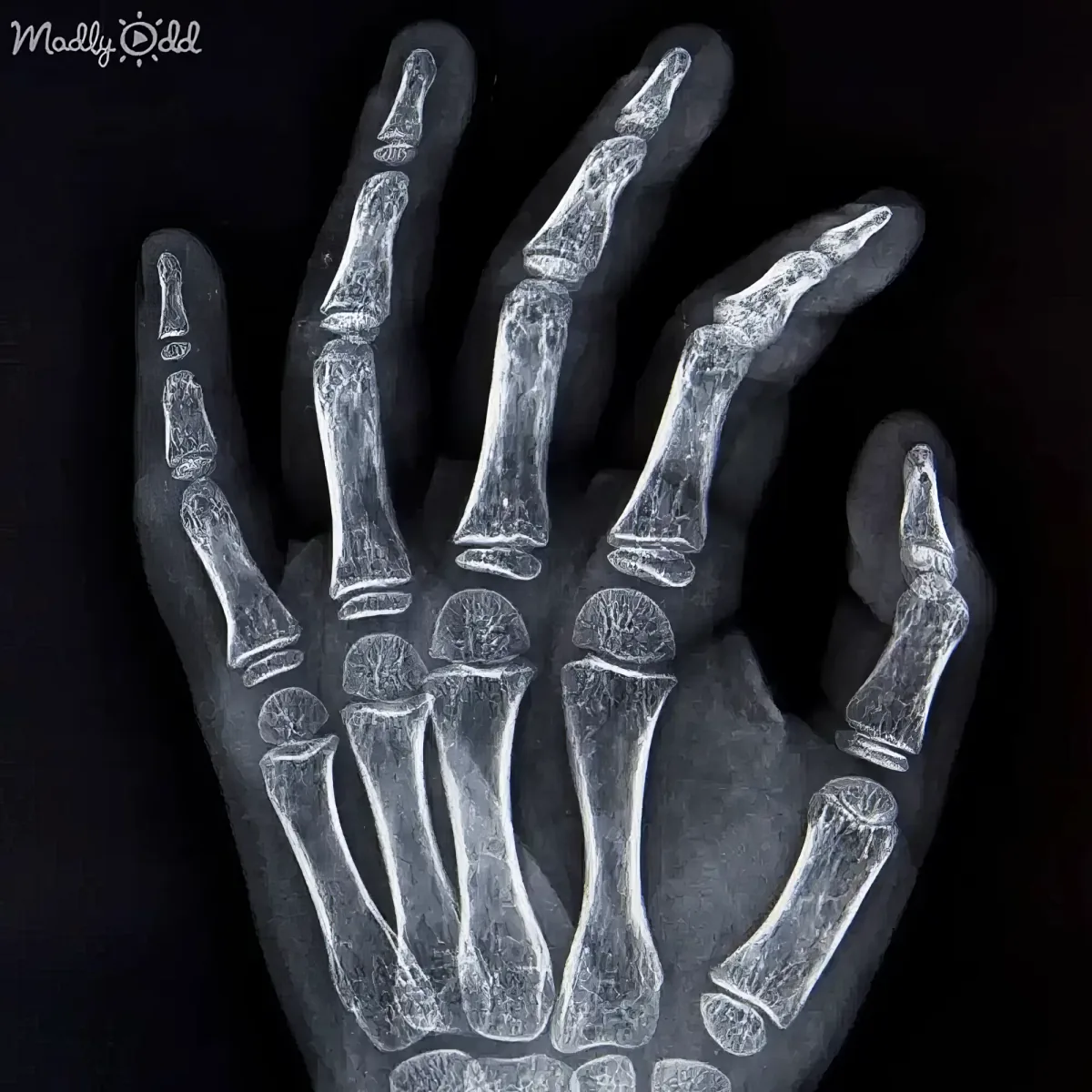 X-ray image of a hand showing bones and joints in detail.