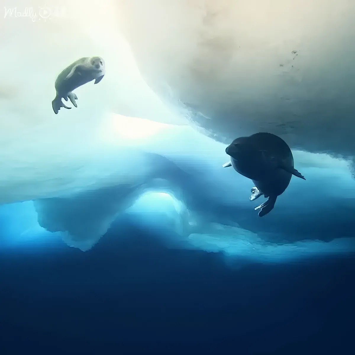 Two seals swim underwater near a large ice formation, with sunlight filtering through the water.