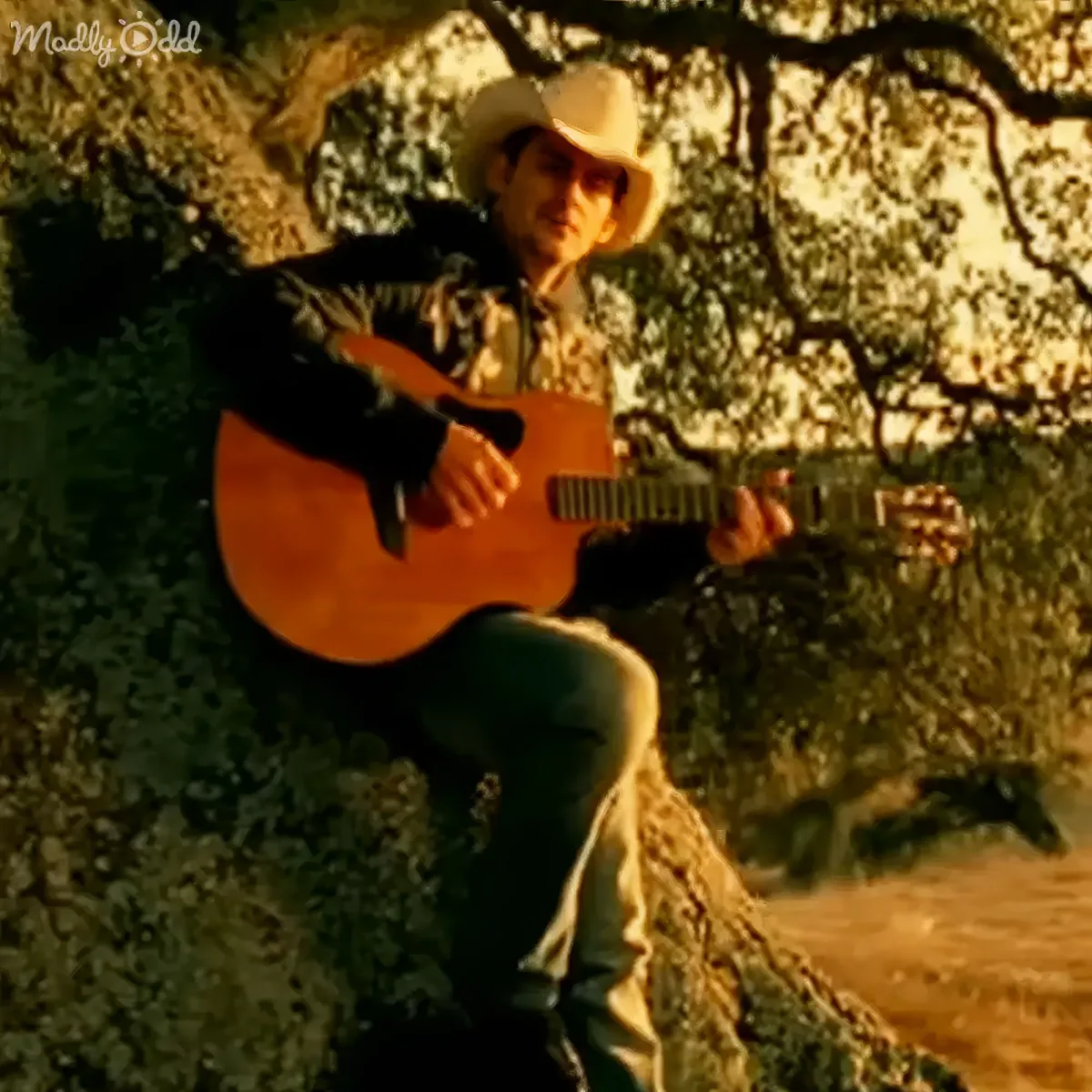 A man in a cowboy hat plays an acoustic guitar outdoors, surrounded by trees and rocks.
