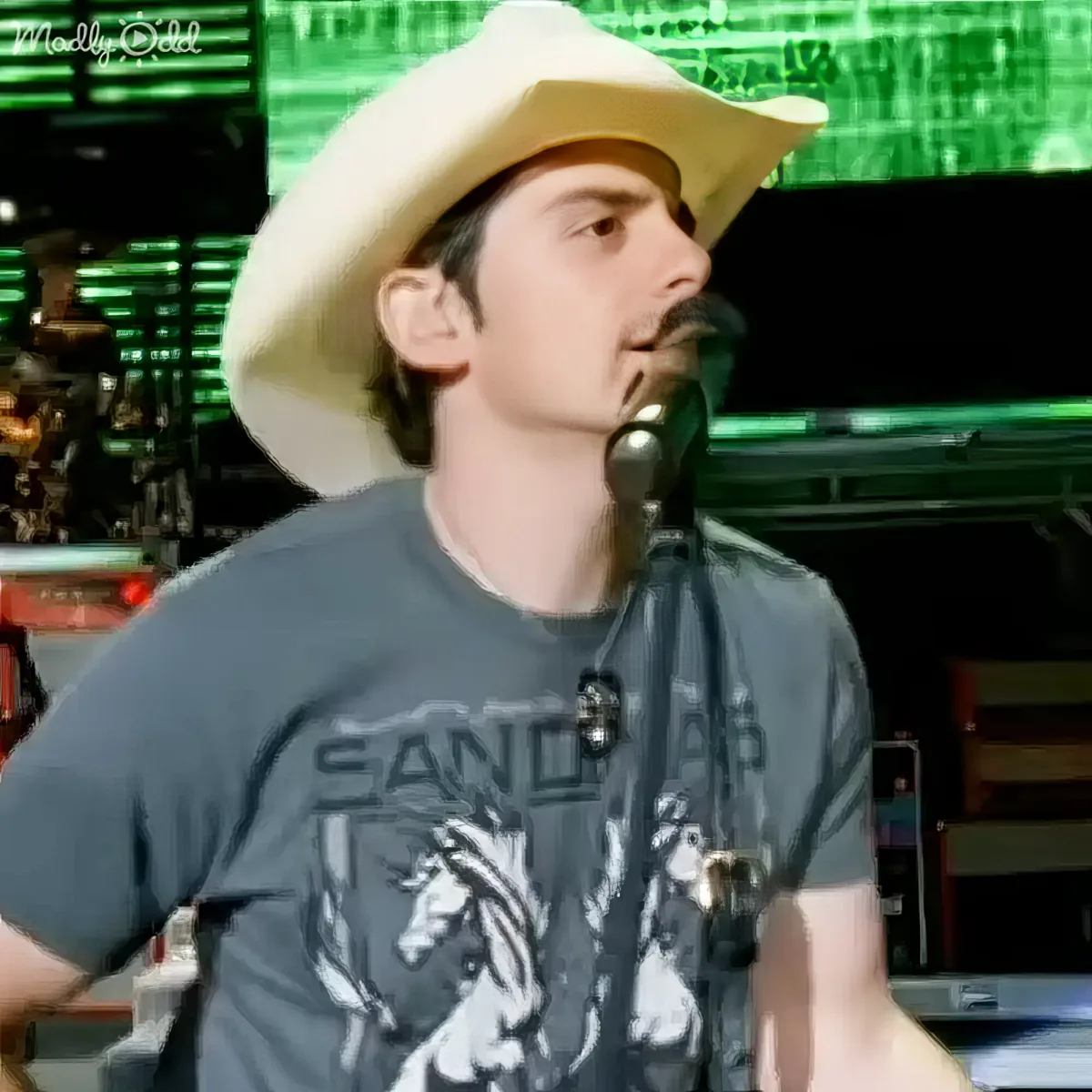 A man wearing a cowboy hat and a graphic t-shirt sings into a microphone on stage.