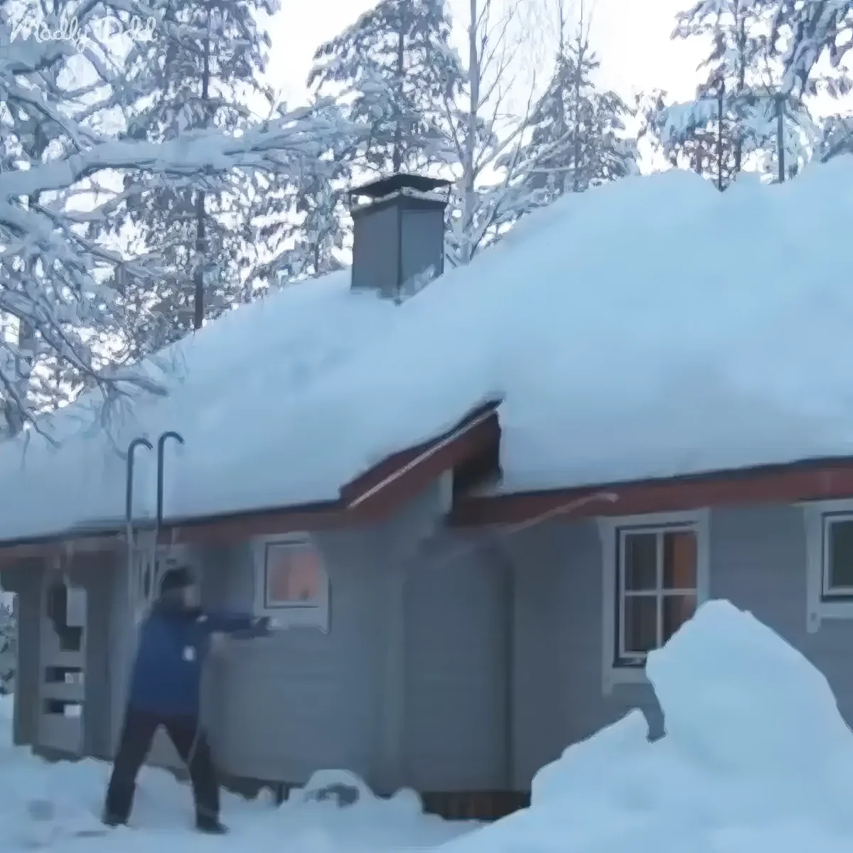 A person stands outside a snow-covered house, holding a large object near the door.