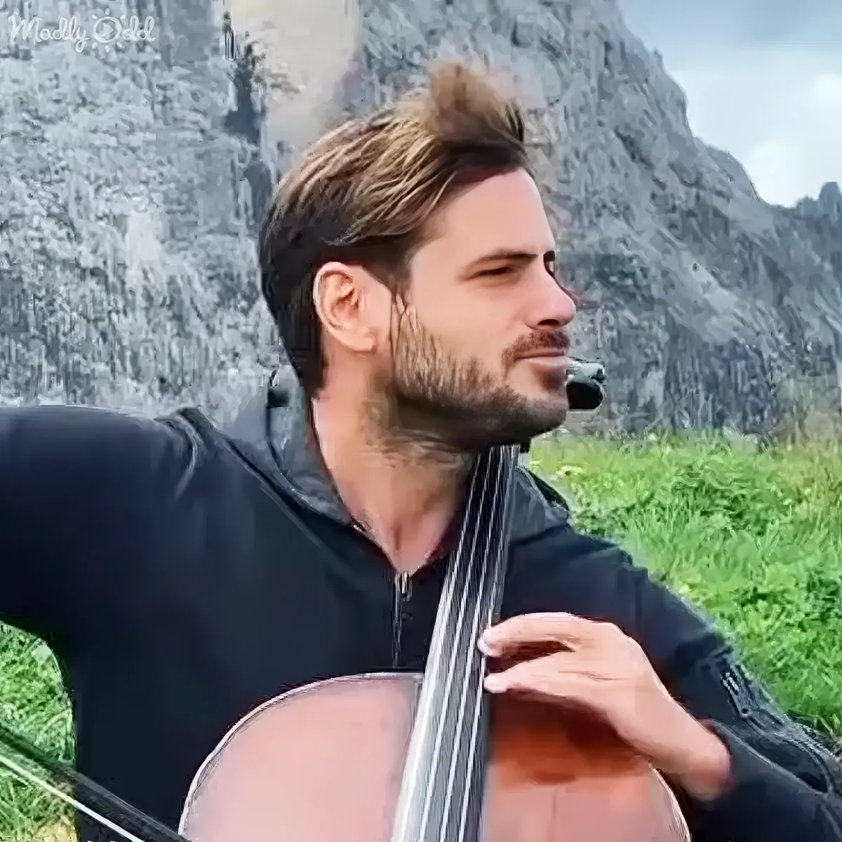 A man with a beard plays a cello outdoors, surrounded by grass and a rocky mountain.