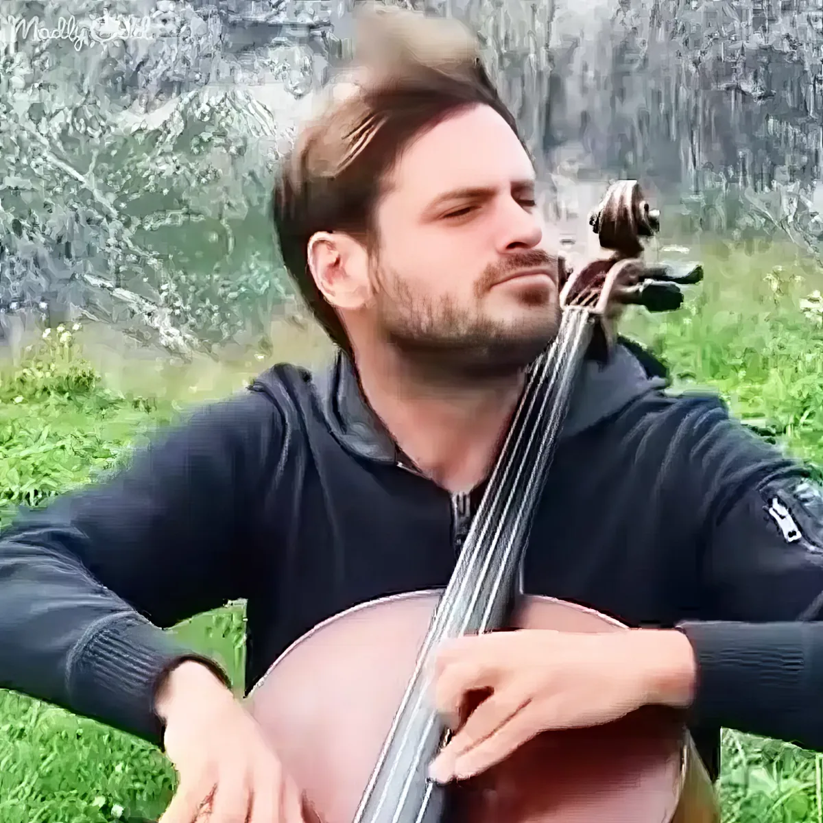 A man in a black hoodie plays a cello outdoors, surrounded by grass and a rocky background.