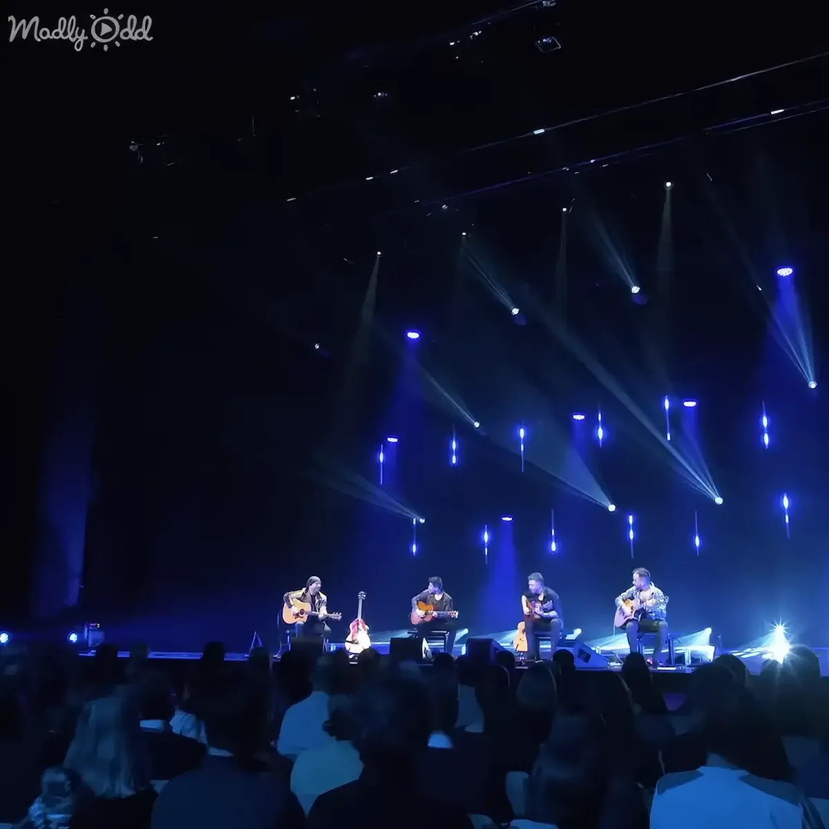 Four musicians play guitars on stage under blue lights, with an audience in the foreground.
