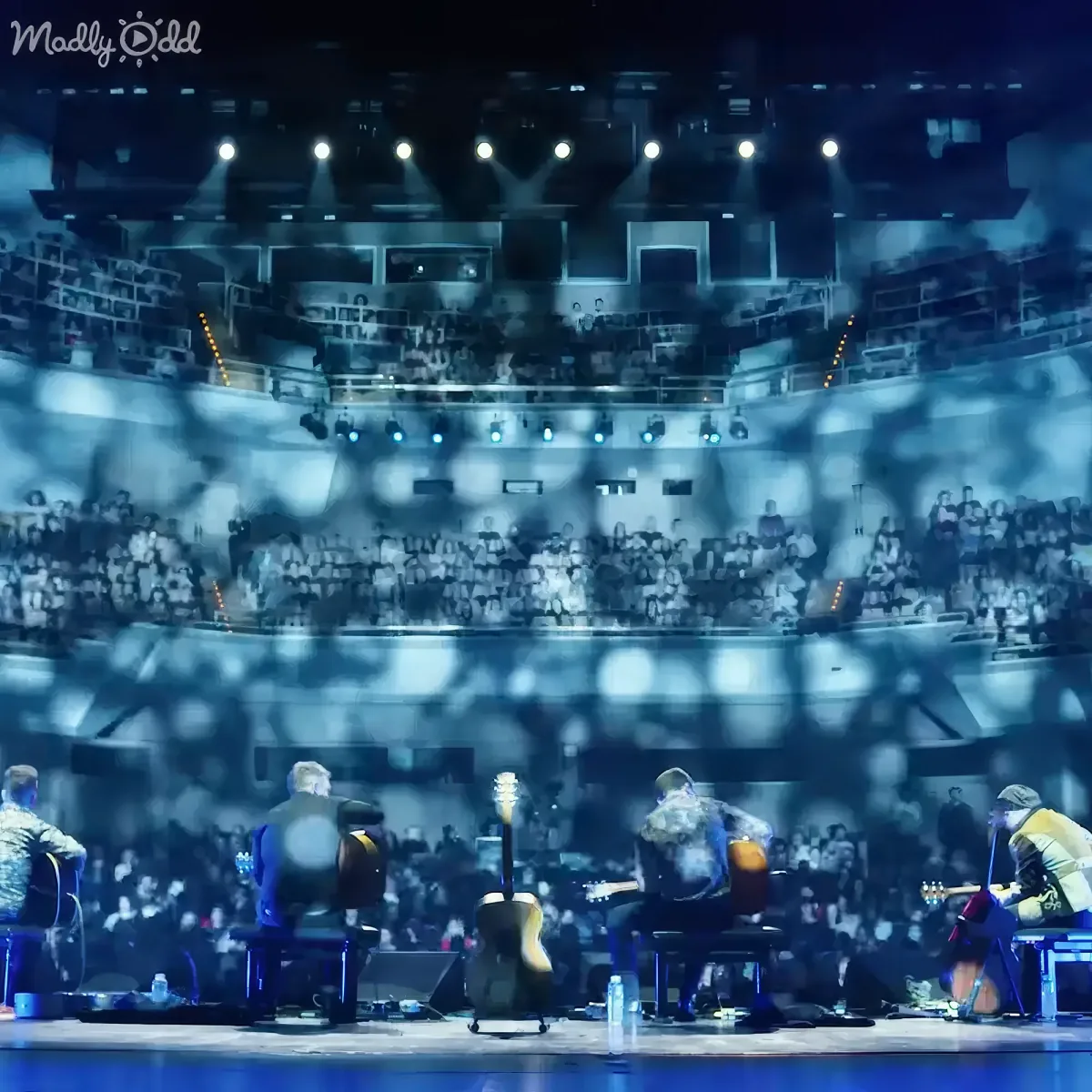 Musicians on stage with guitars, audience in the background, dimly lit with spotlights.
