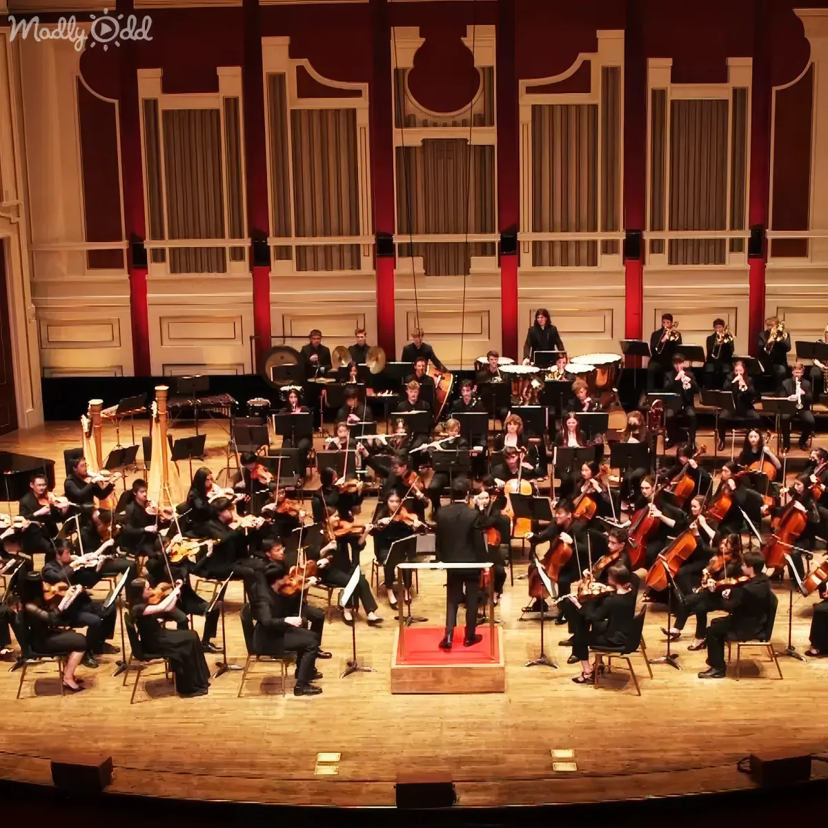 A conductor leads a large orchestra in a grand hall with red and gold accents.