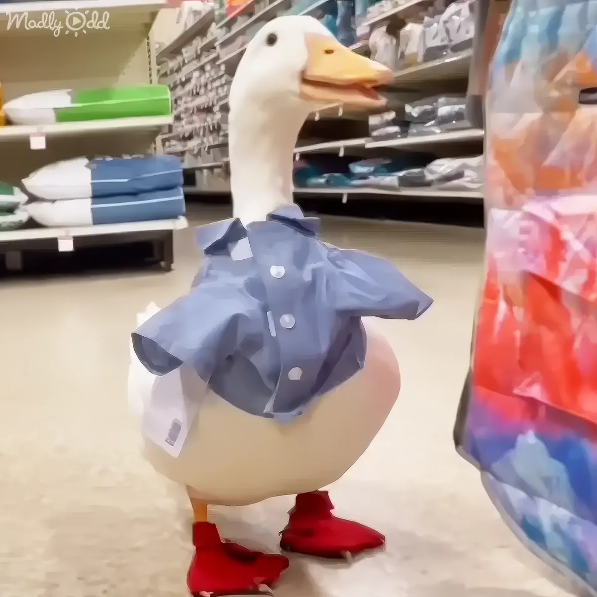 A duck wearing a blue paper shirt and red paper shoes stands in a store aisle.