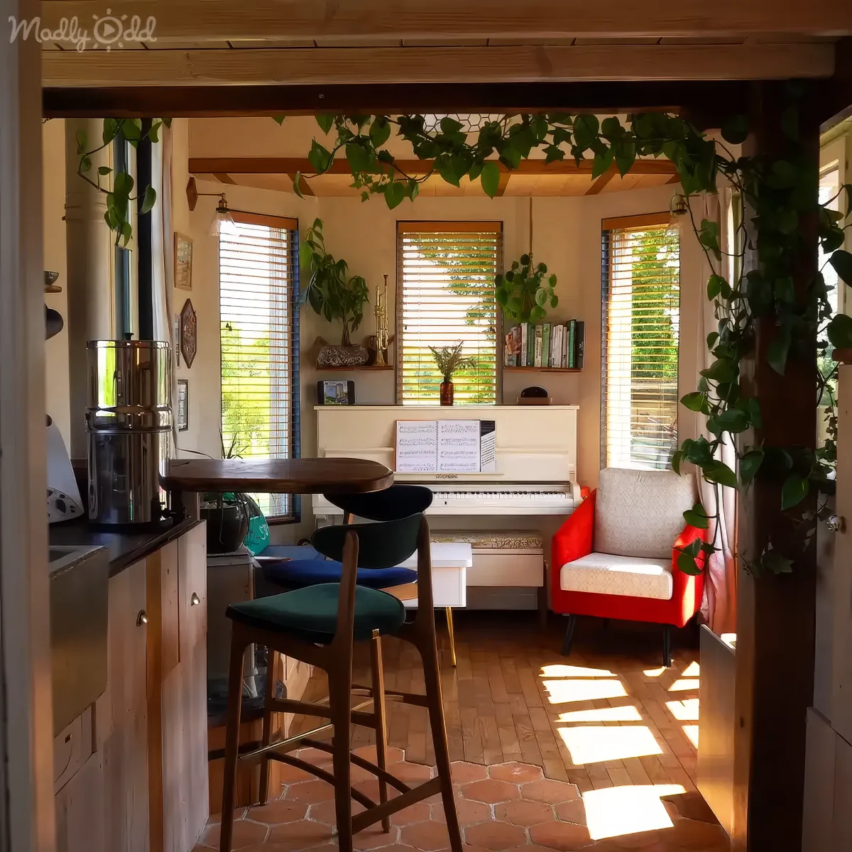 A cozy room with a piano, greenery, and a small dining area with wooden chairs and a table.