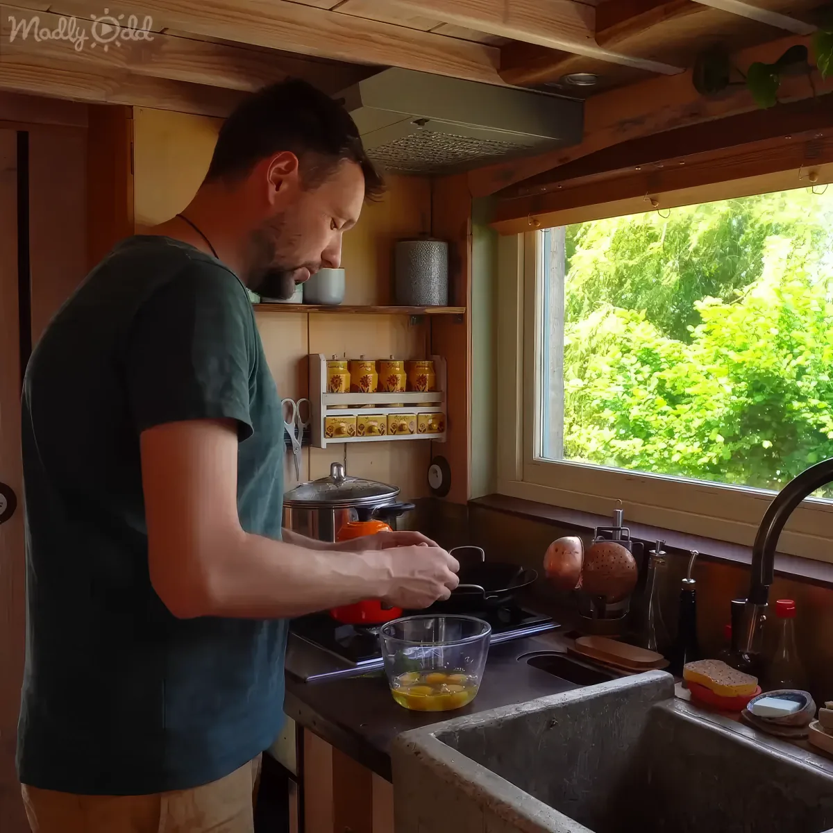 A man in a green shirt is cooking in a kitchen with a window view of greenery.