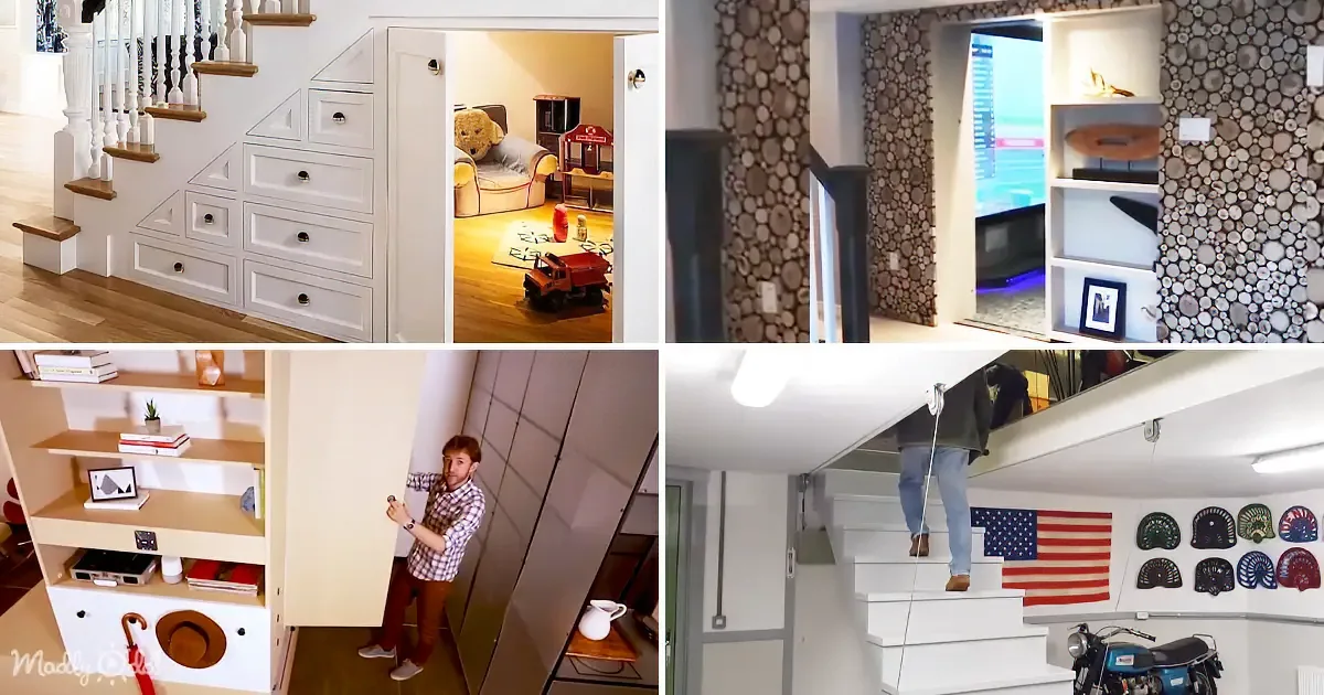 A collage showcases creative storage solutions under stairs, including drawers, shelves, and hidden compartments.