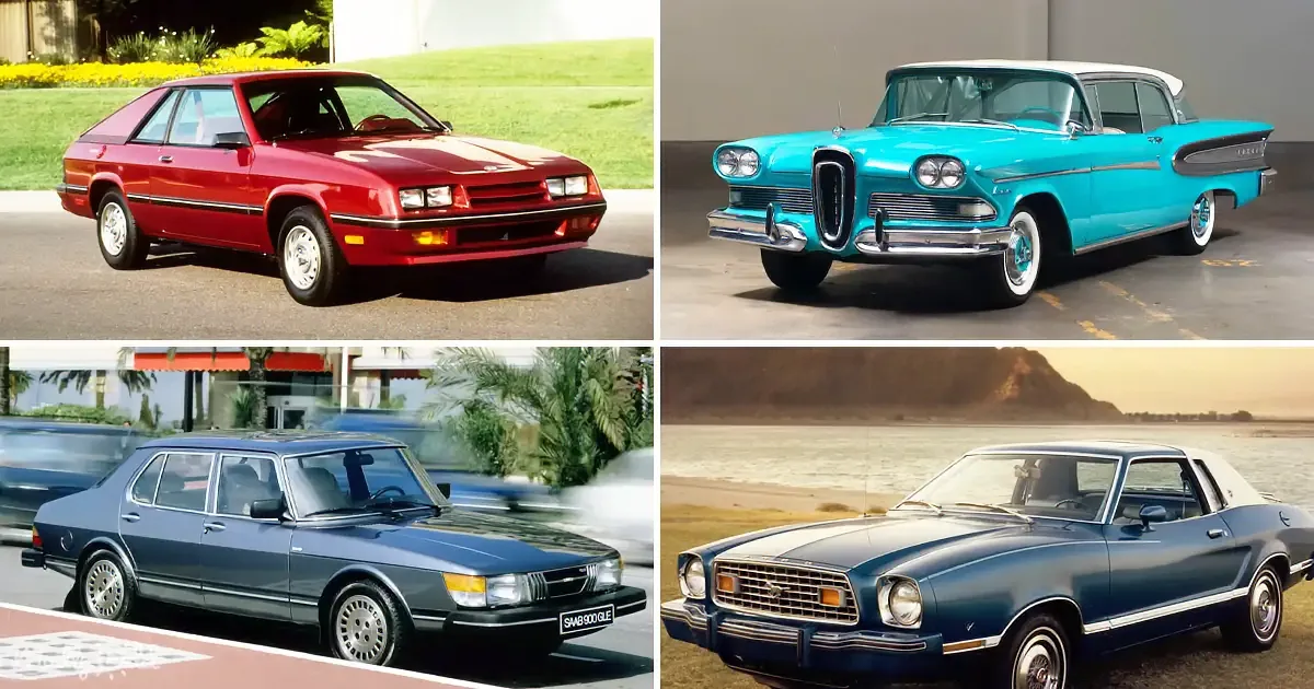 The image showcases four vintage cars: a red coupe, a turquoise sedan, a blue sedan, and a blue convertible, each with...