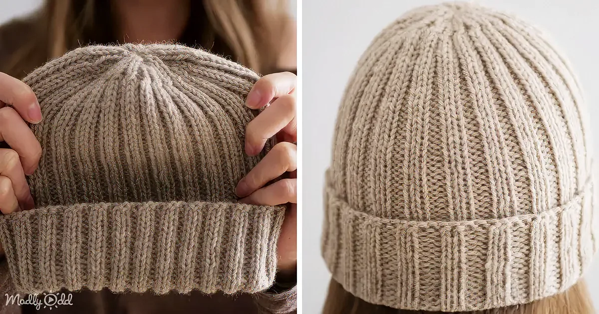 A beige ribbed knit beanie is shown from two angles, highlighting its texture and fold.