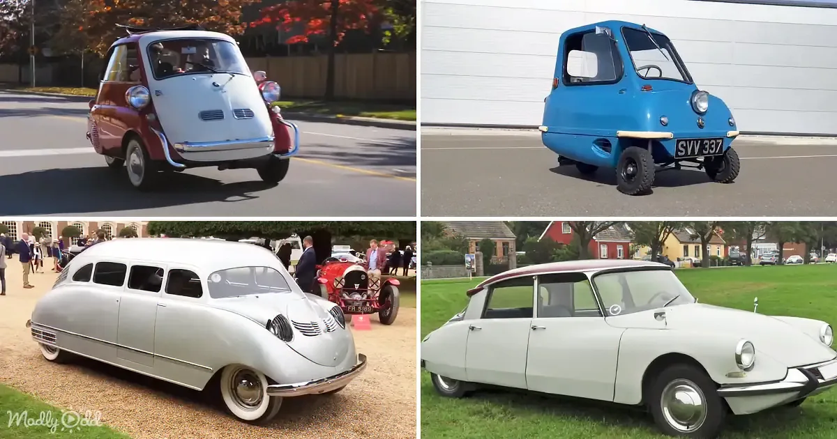 The image showcases four unique, vintage cars with unconventional designs, displayed in various settings.