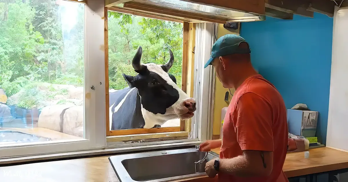 A man in an orange shirt washes dishes in a kitchen while a cow looks in from outside through a window.