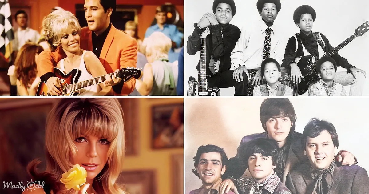 A woman with blonde hair holds a yellow flower, while a man in an orange suit plays guitar, and a group of young men pose...