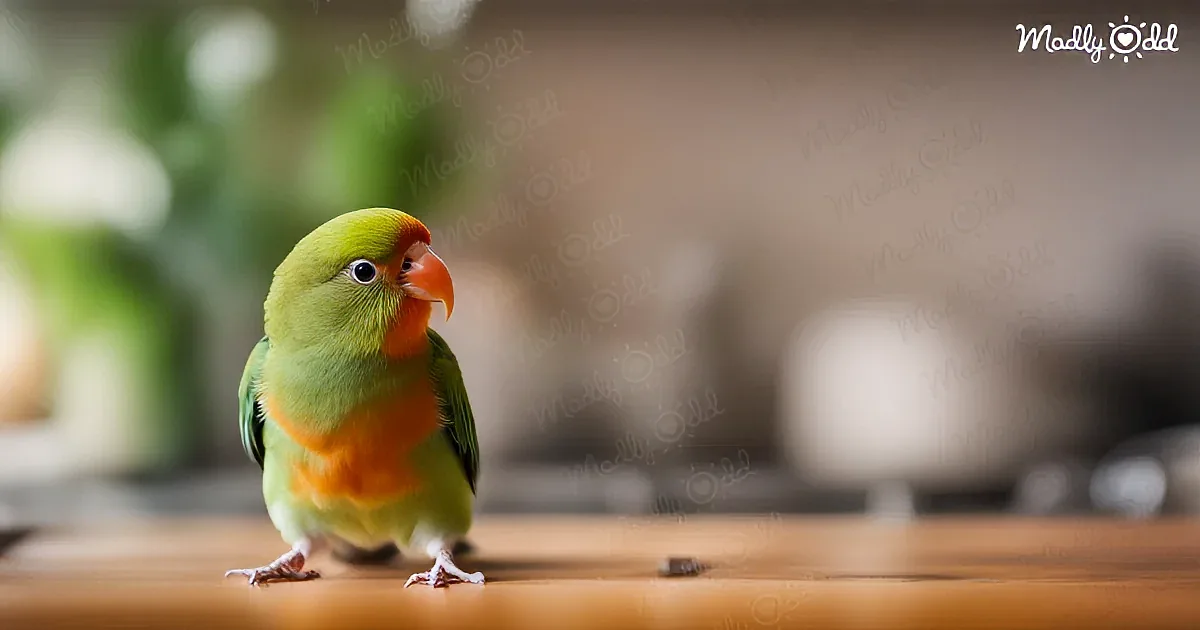 A small, colorful parrot with green, orange, and yellow plumage perches on a wooden surface.