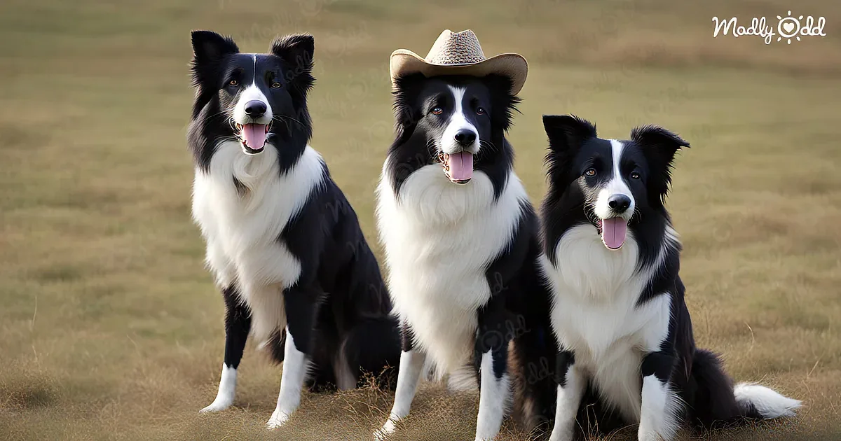 Three black-and-white Border Collies sit in a field, one wearing a straw hat, all looking happy.