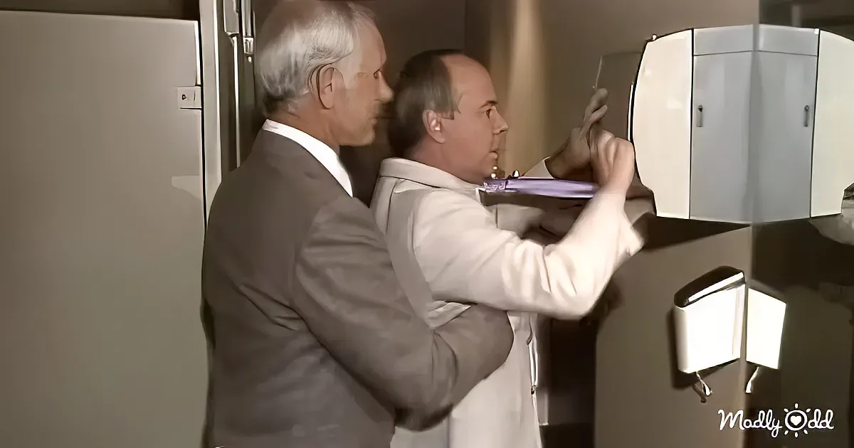 Two men in suits are interacting with a large, modern machine in a room.