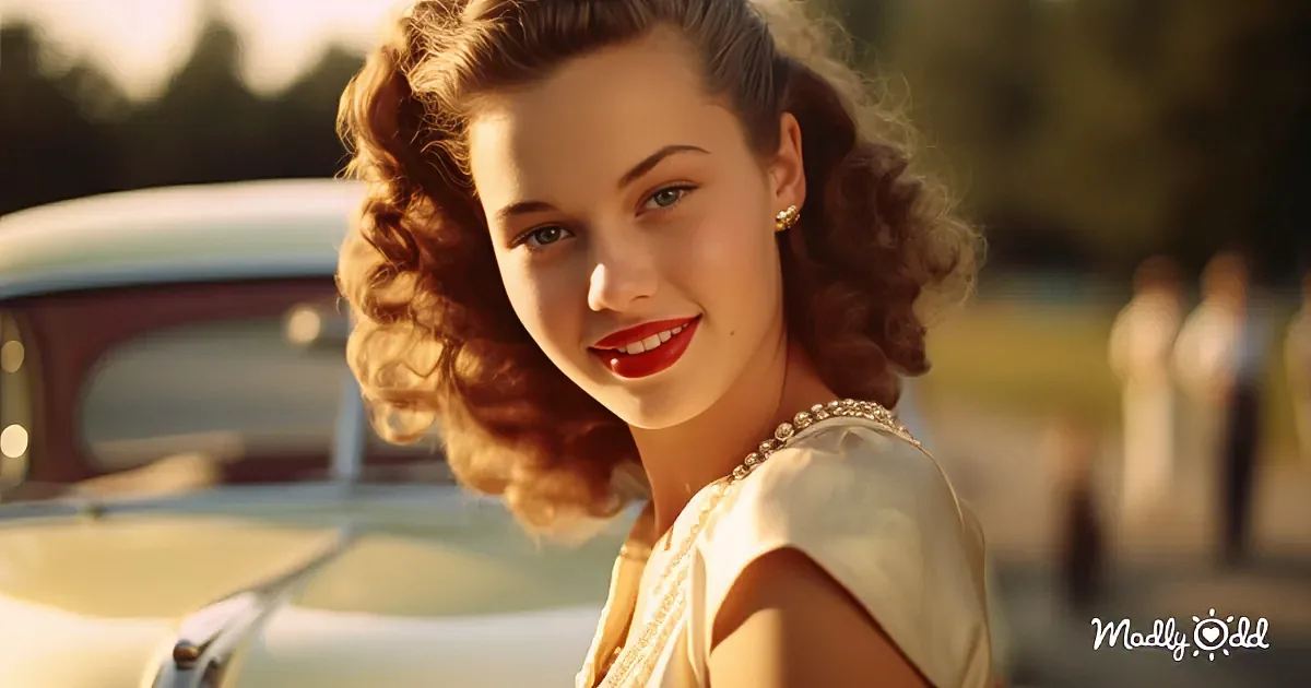 A woman with curly hair, red lipstick, and pearl necklace smiles near a vintage car.