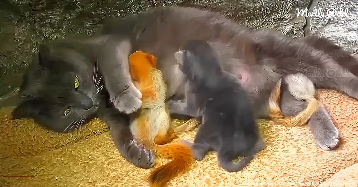 Mama Cat Raises Orphaned Baby Squirrels With Her Kittens