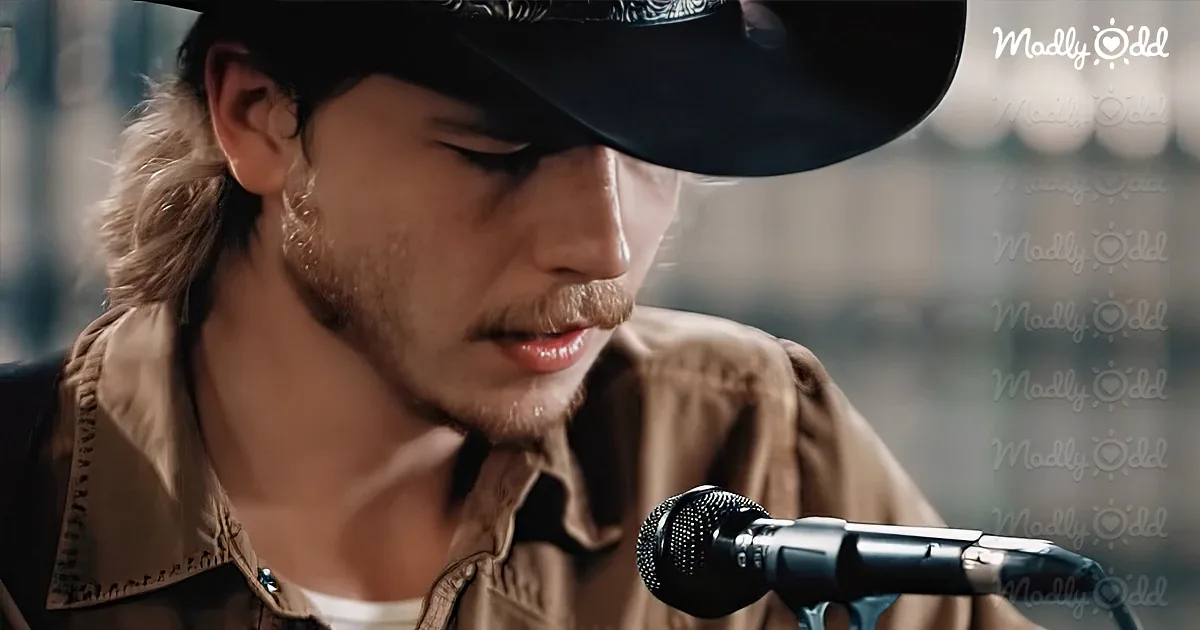 A man wearing a cowboy hat and a brown jacket sings into a microphone.