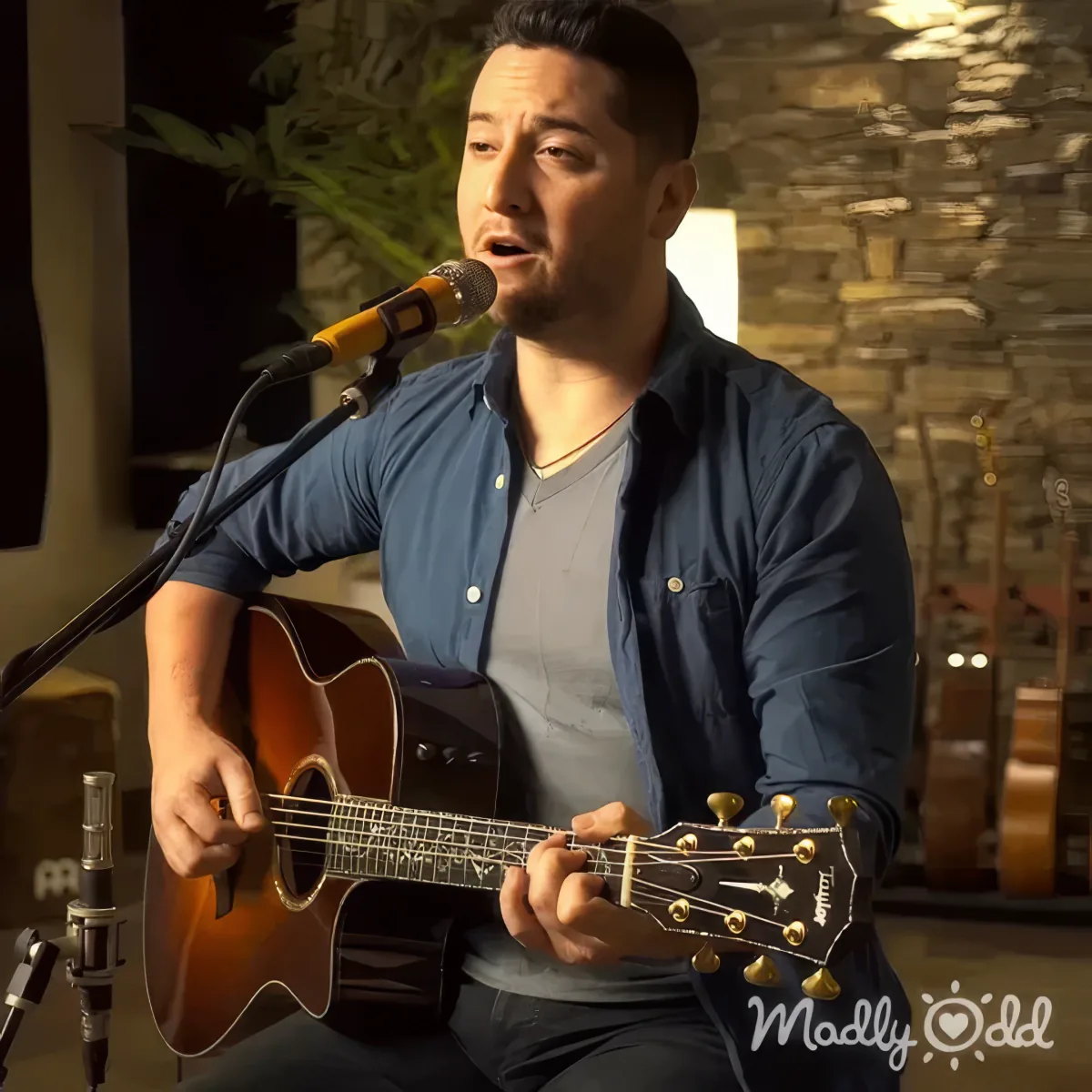 Musician plays acoustic version of 'Unchained Melody' on guitar, focusing intensely.