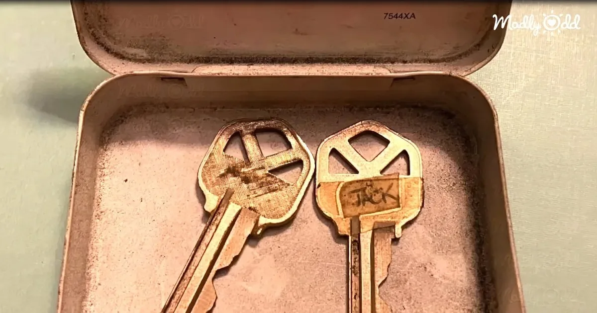 Two keys with unique shapes and one labeled "JACK" rest in a dusty, worn-out box.