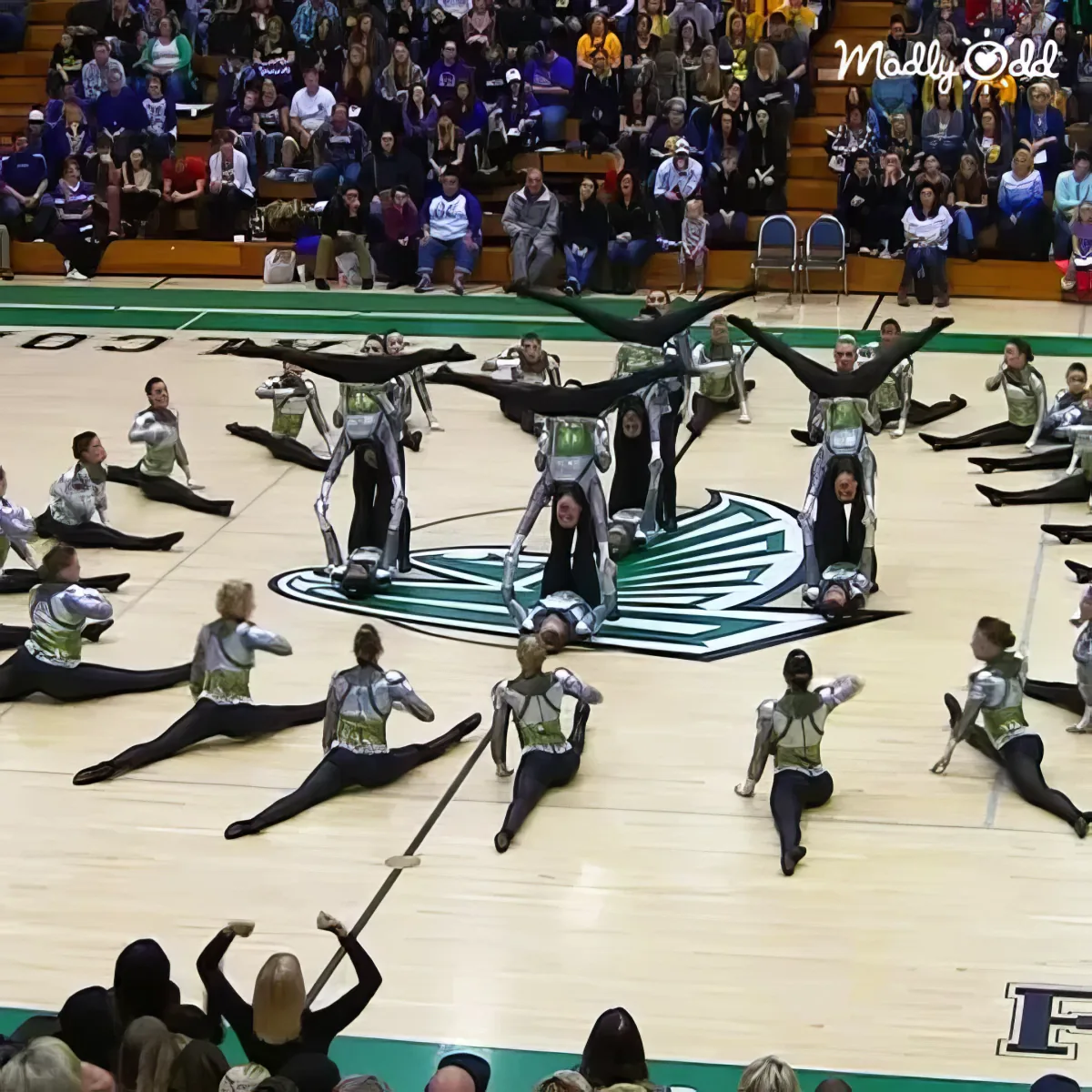 School drill team executes precise routine, members in sync, spectators in awe.