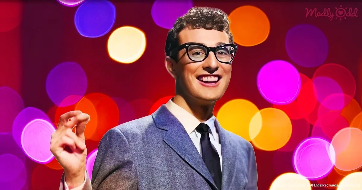 A man in a suit and glasses smiles, making a peace sign against a colorful bokeh background.