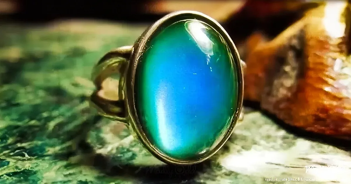A ring with a large, oval, blue-green gemstone set in a silver band is displayed on a textured surface.