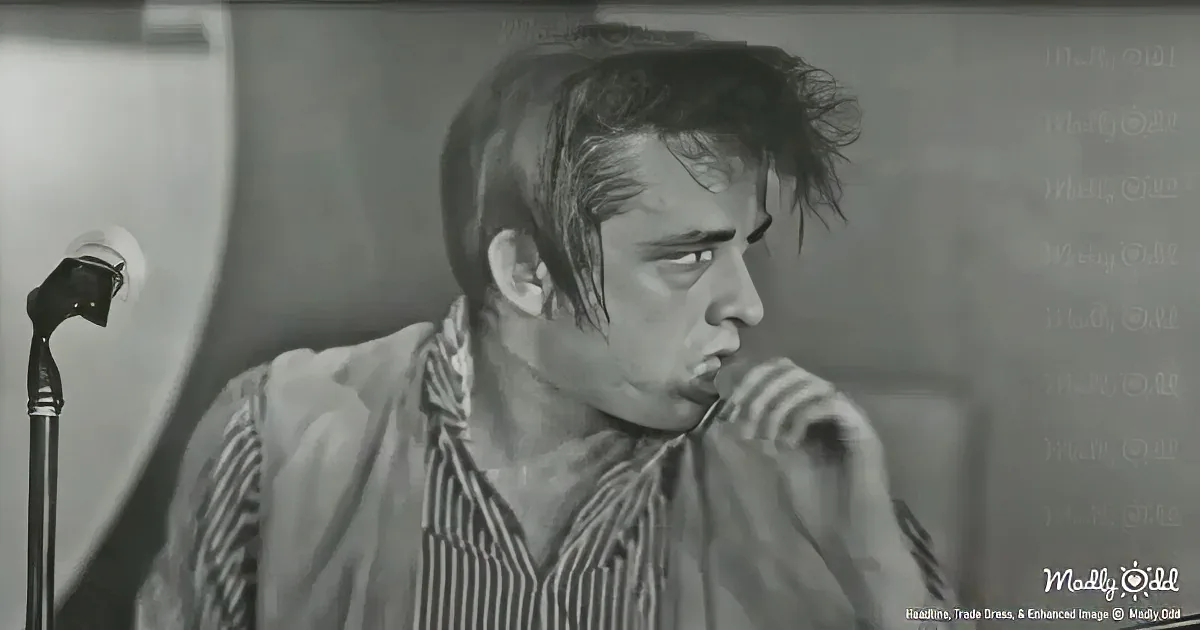 A man with tousled hair and a striped shirt stands in front of a microphone, looking to the side.