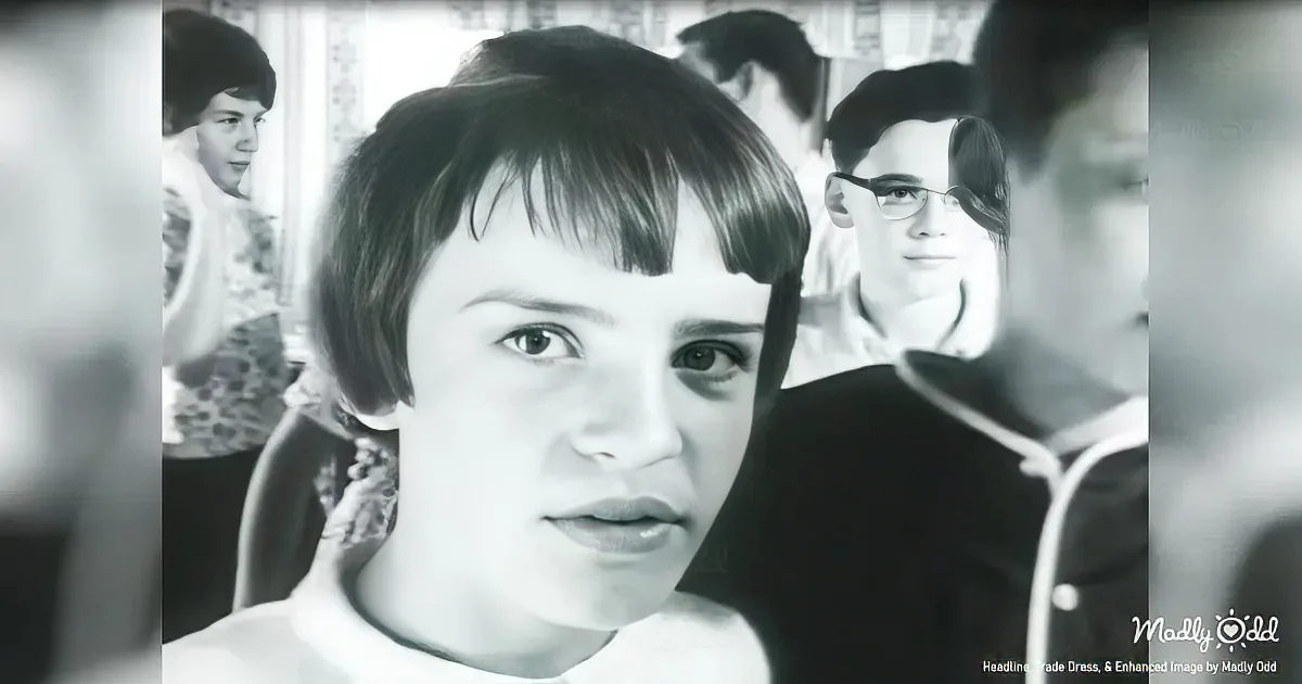A young girl with short hair and bangs, wearing a white top, is the main subject in a black-and-white image.