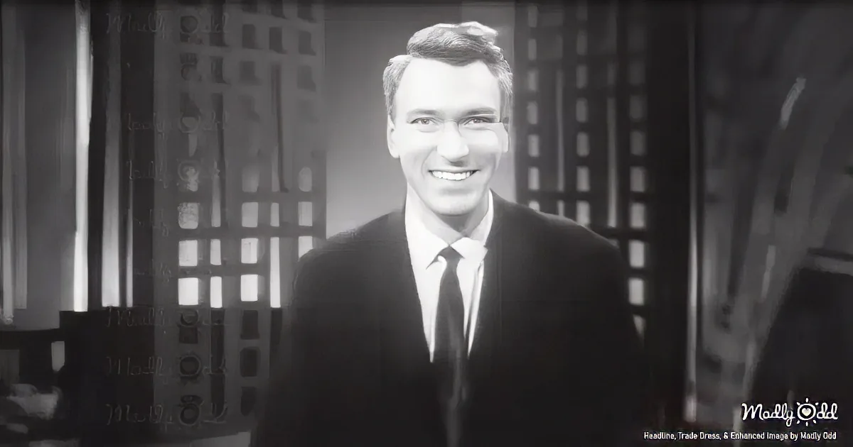 A man in a suit and tie smiles warmly, standing in a dimly lit room with a grid-patterned background.