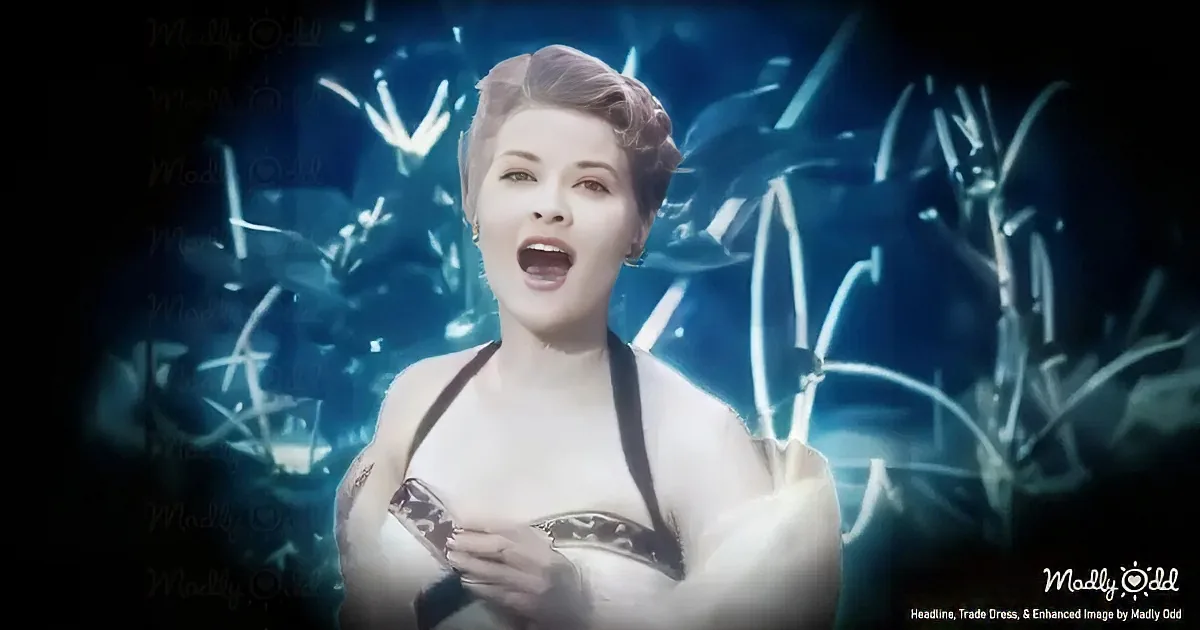 A woman in a black and white dress sings passionately with a glowing, abstract background.