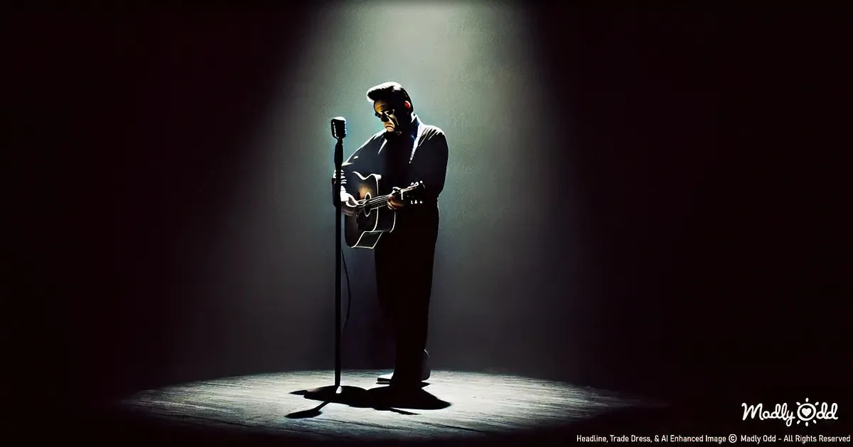 A figure in silhouette holds a guitar on stage under a spotlight, with a microphone in front.