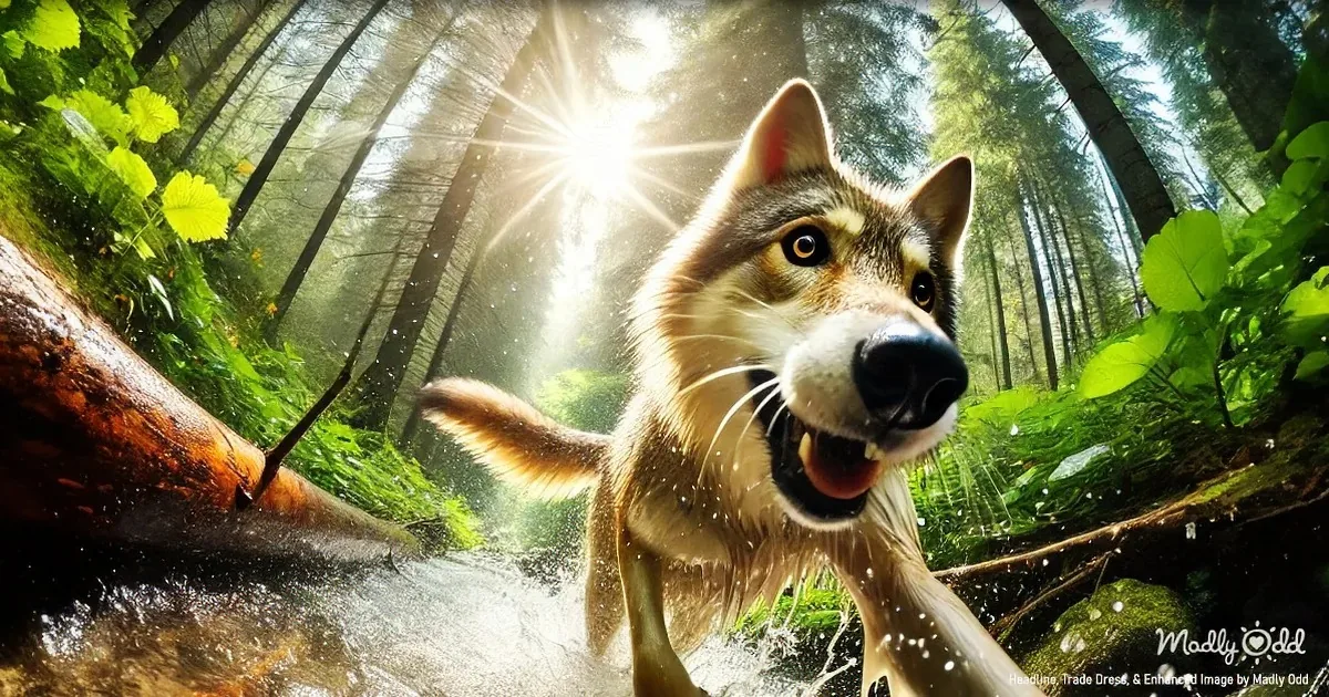 A wolf runs through a forest, its fur glistening with water, as sunlight filters through the trees.